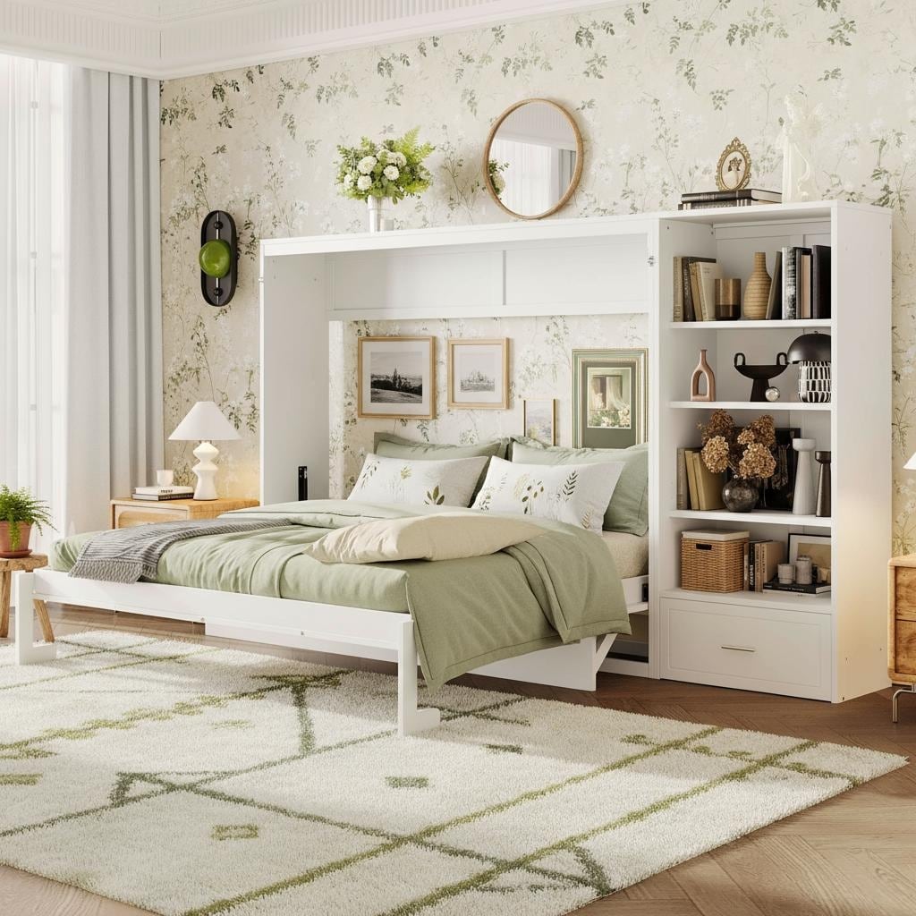 Queen Wall Murphy Bed with Adjustable Shelving Unit, Drawer