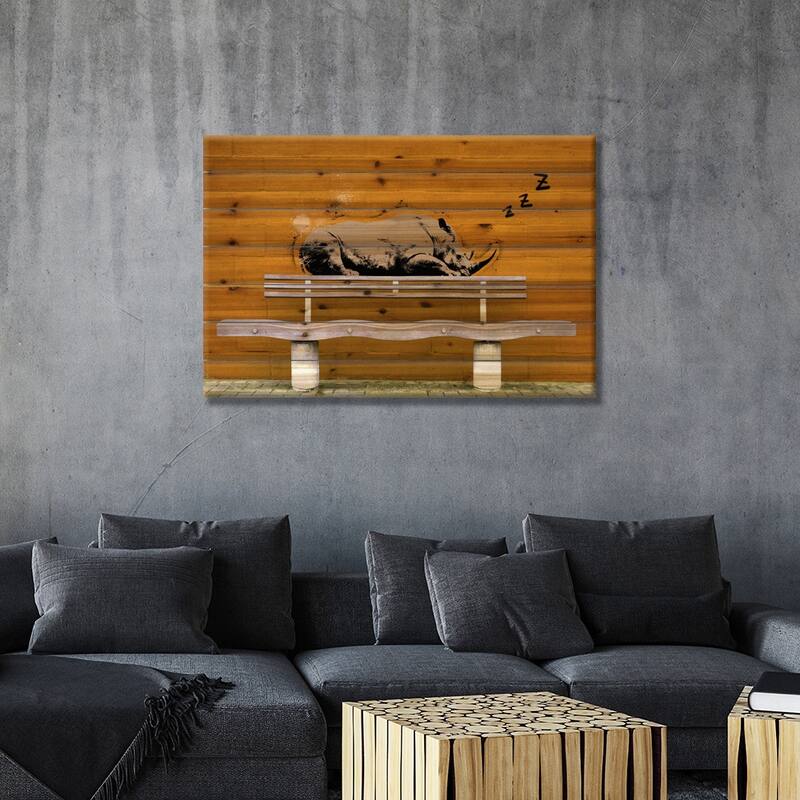 Sleepy Rhino Print On Wood by 5by5collective - Multi-Color