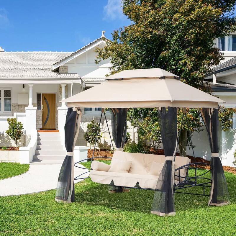 Luxury 3-Seat Patio Swing Chair,Dual Canopy,Mesh Walls,Comfort Cushion