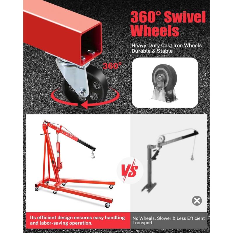 2-Ton Shop Crane, Hydraulic Folding Engine Hoist w/6 Steel Casters