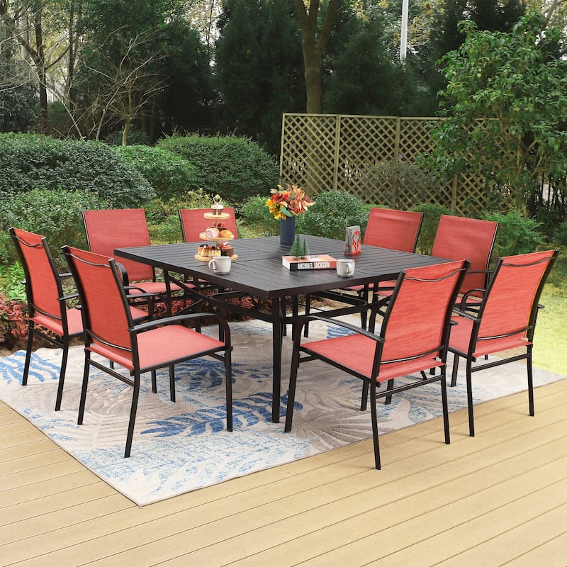 MAISON ARTS 9-Piece Patio Dining Set, 60 Inch Square Metal Table and 8 Textilene Dining Chairs