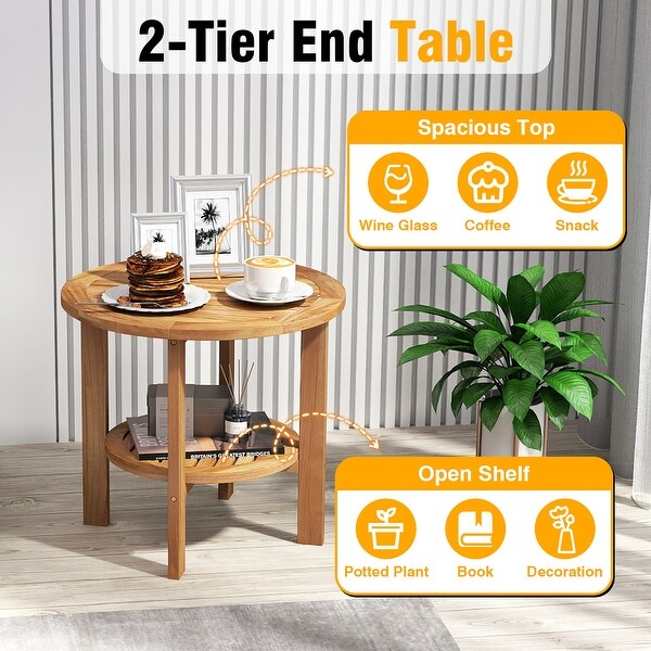 Gymax Teak Wood 2-Tier Side Table 19.5'' Round Coffee Table End