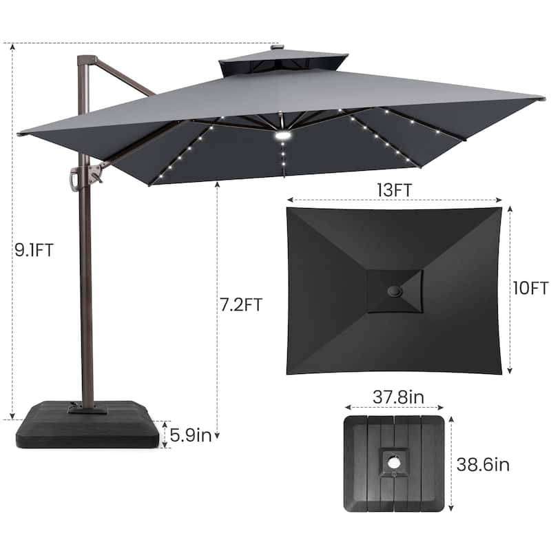 13 x 10 FT Solar Powered LED Light Patio Cantilever Umbrella Aluminum Pole with Base