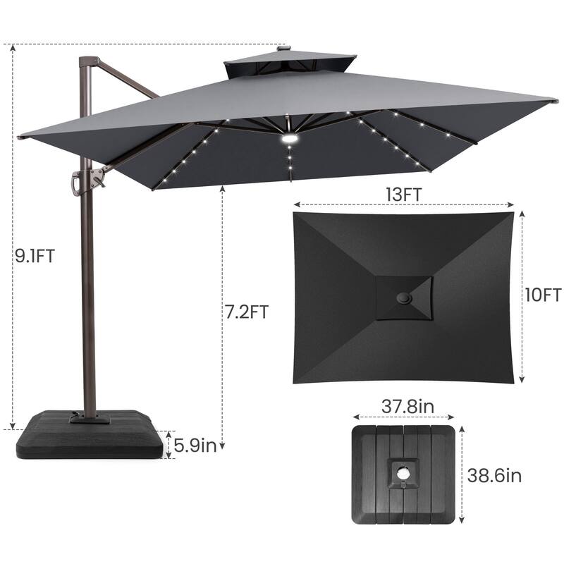 Outdoor Patio LED Lighted Cantilever Umbrella with 4-Piece Fillable Weighted Base