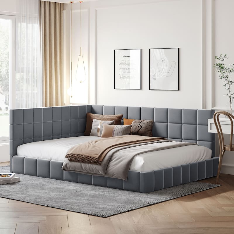 Full Velvet Upholstered Daybed/Sofa Bed Frame, Elegant Mid-Century Modern Design - Grey - Full