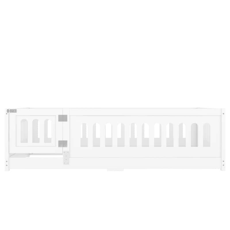 Full Size Montessori Floor Bed with Safety Guardrails & Door - Solid Wood Frame
