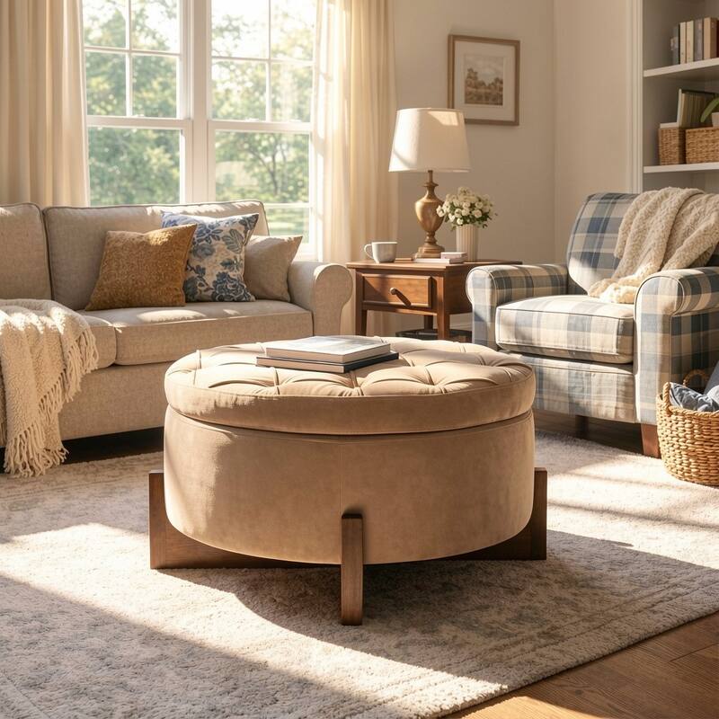 Christopher Knight Home - Mollet Mid-Century 32.28" Upholstered Tufted Round Hidden Storage Ottoman with Reversible Wood Lid