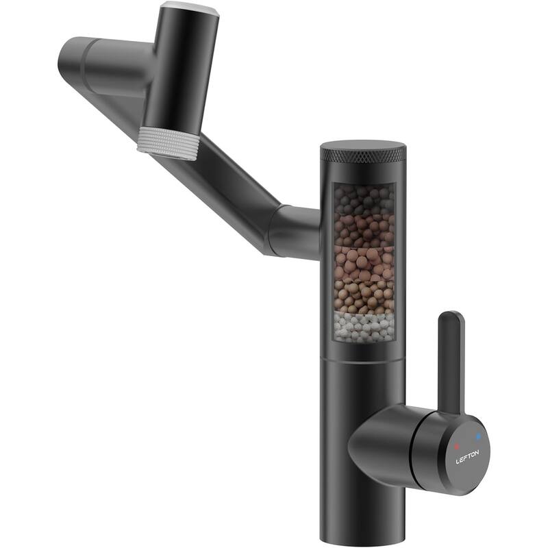 Lefton Rotatable Single Hole Bathroom Sink Faucet with Built-in Filter, Temperature Display in Fahrenheit, 2 Water Modes - Matte Black
