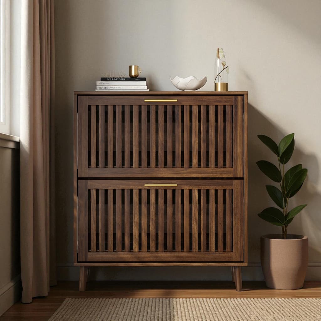 31.5" Walnut Shoe Cabinet with 2 Flip Drawers, Mid-Century Modern Freestanding Shoe Storage Organizer for Entryway or Hallway