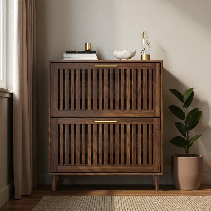 31.5" Walnut Shoe Cabinet with 2 Flip Drawers, Mid-Century Modern Freestanding Shoe Storage Organizer for Entryway or Hallway - Walnut