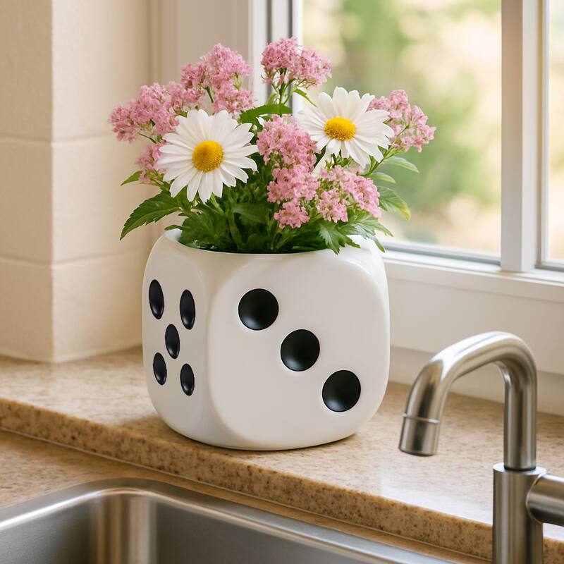 Decorative Ceramic Dice Planter - 6", White & Black - 6.0"