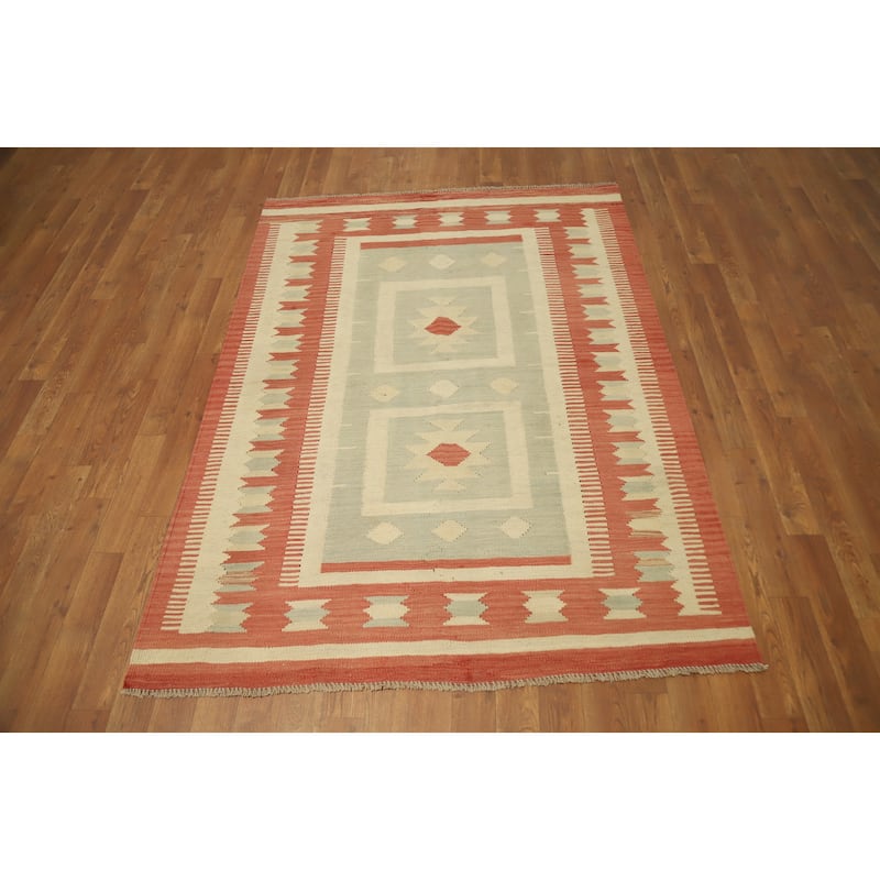 Hand Woven Oriental 100% Wool Carpet Southwestern Tribal Green Kilim Area Rug - 5' 9'' X 4' 2''