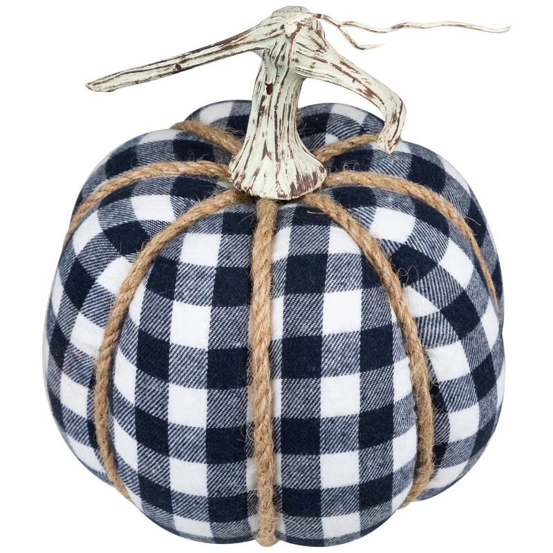 Plaid Fall Harvest Pumpkin with Weathered Stem - 7.75" - Dark Blue and White
