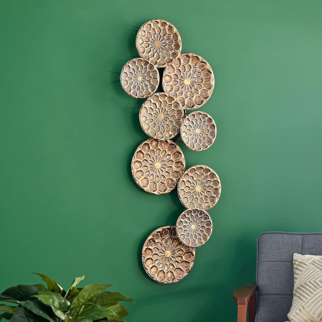 Gold Metal Embossed Floral Plate Home Wall Decor with Teal Accents