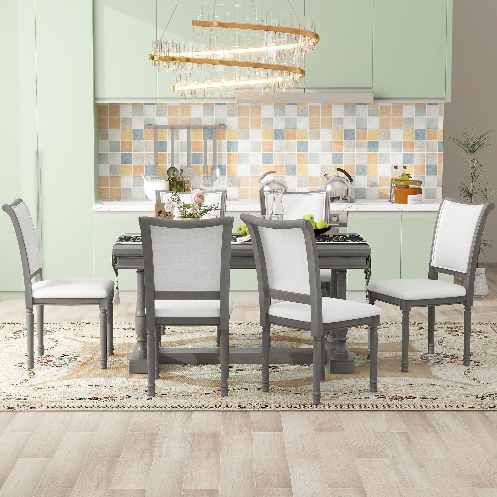 7-Piece Dining Table with 4 Trestle Base and 6 upholstered