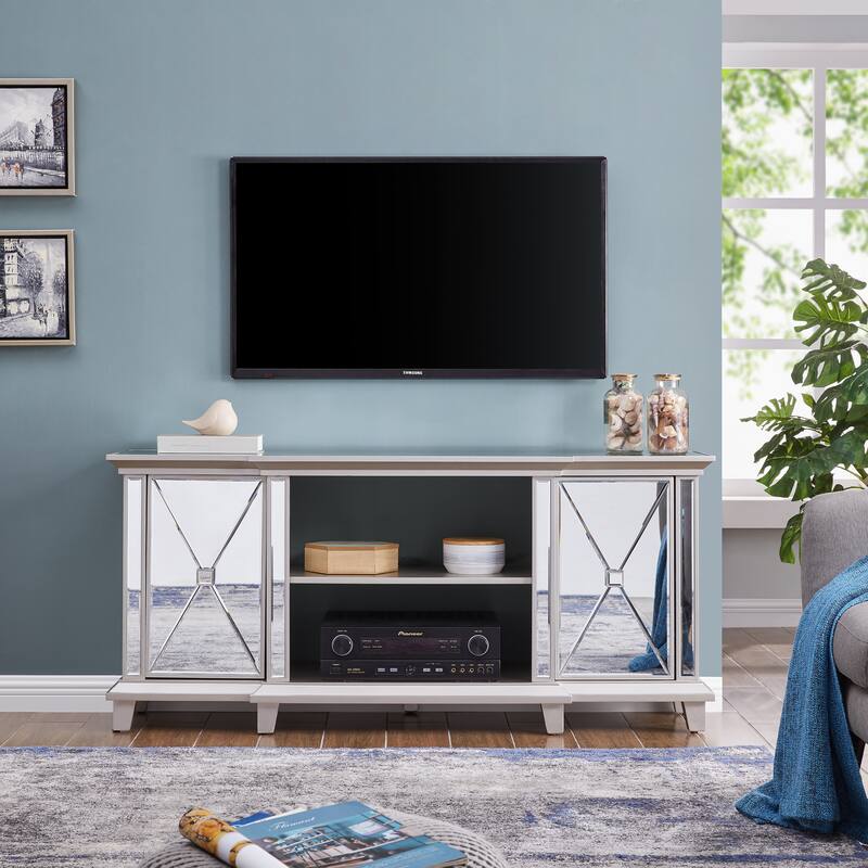 SEI Furniture Toppington Mirrored Media TV Stand w/ Storage for TV's up to 56" - Silver