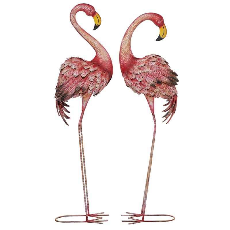 Metal Flamingo Indoor Outdoor Standing Decorative Garden Sculpture with Yellow Accents - Set of 2 Pink - Roche River Decor - Pink