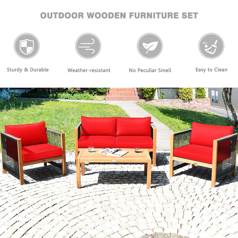 Costway 4PCS Wooden Patio Furniture Set Cushioned Sofa W/Rope Armrest - 4-Piece Sets