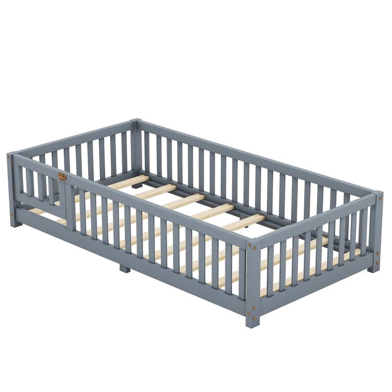 Gray Twin Size Pine Wood Floor Bed with Safety Guardrails and Door