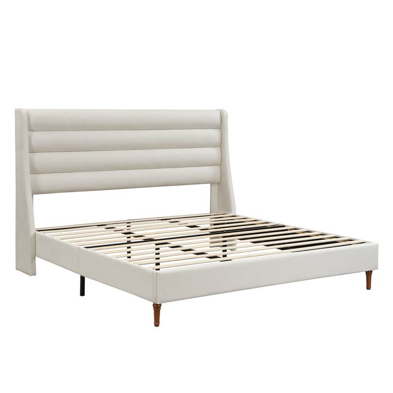 King Size Upholstered Platform Bed with Wavy Headboard, Premium Chenille Fabric, Modern Minimalist Design, Easy Assembly, Ivory