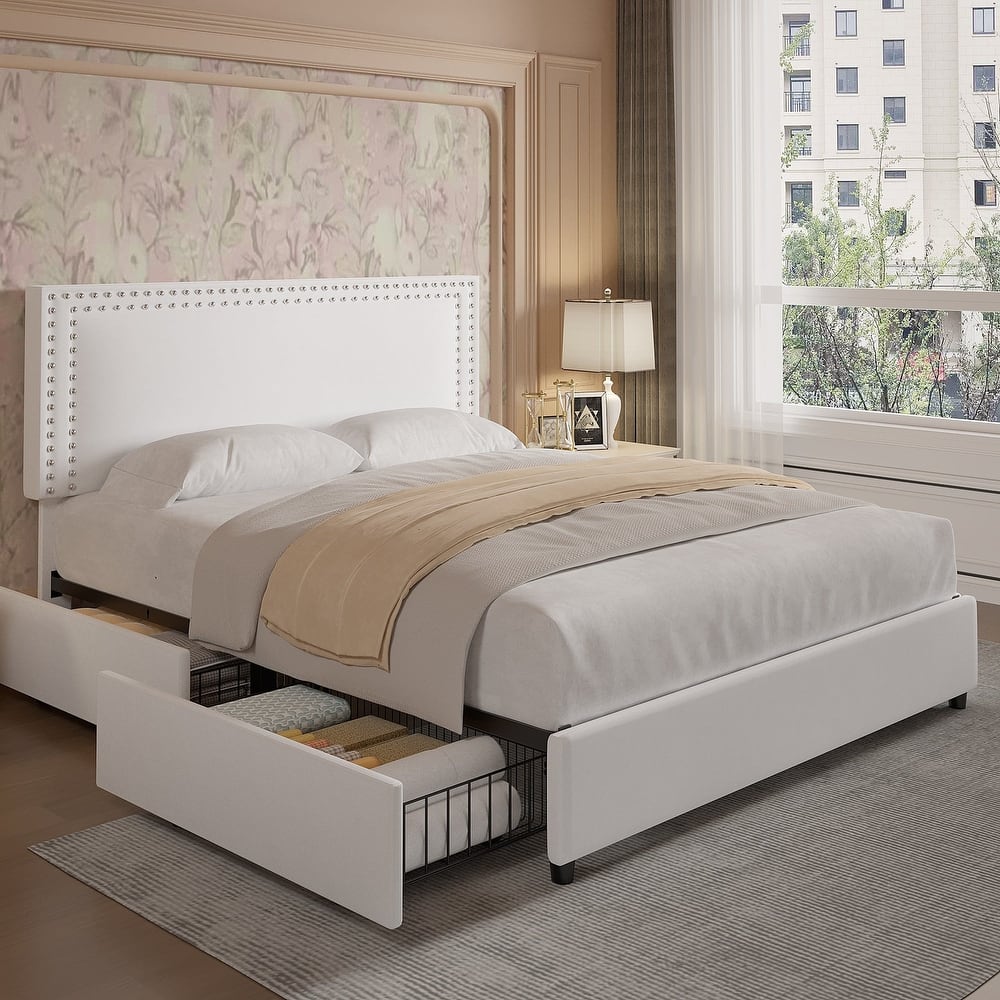 VECELO Upholstered Storage Bed Frames with 4 Storage Drawers Platform Bed Frame with Adjustable Velvet Rivets Headboard