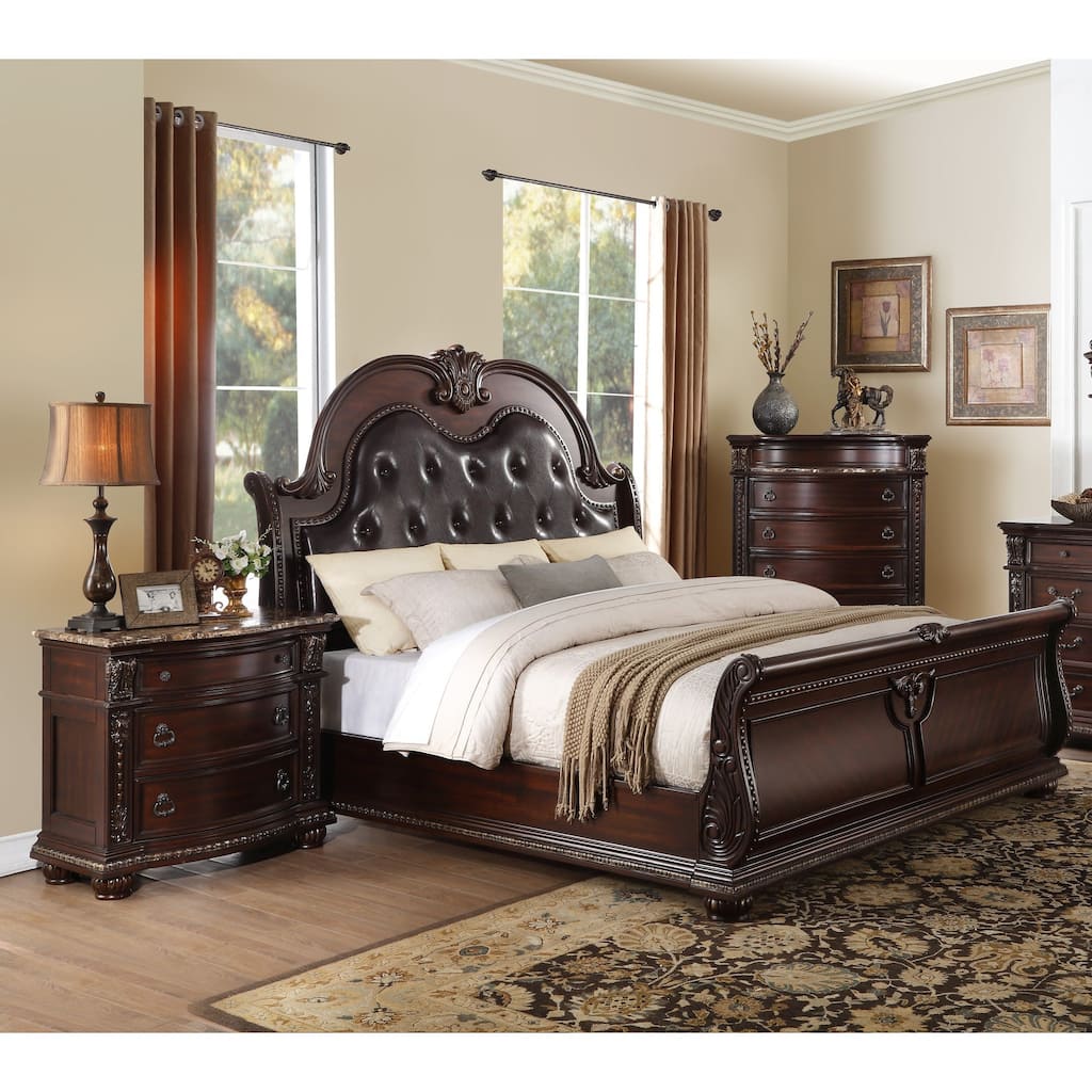 3pc Bedroom Set Dark Cherry Finish Formal Sleigh Bed Chest Nightstand Marble Top