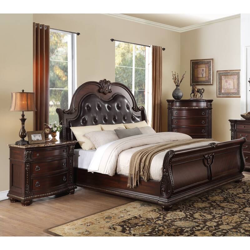 3pc Bedroom Set Dark Cherry Finish Formal Sleigh Bed Chest Nightstand Marble Top