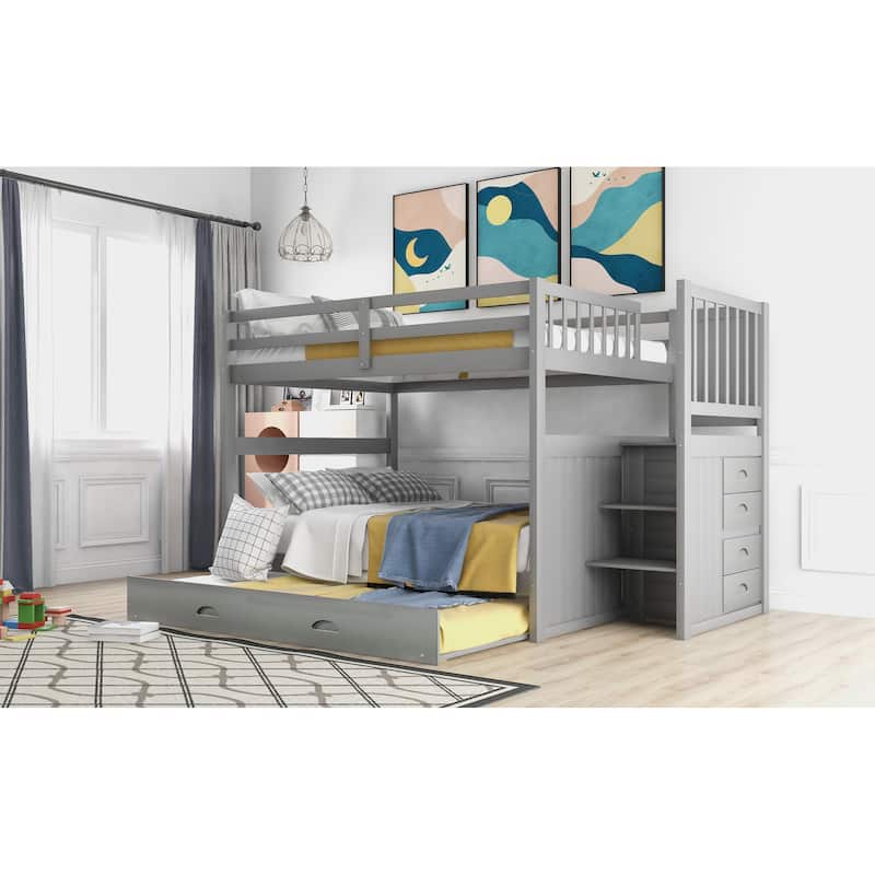Full Over Full Bunk Bed with Twin Size Trundle, Gray