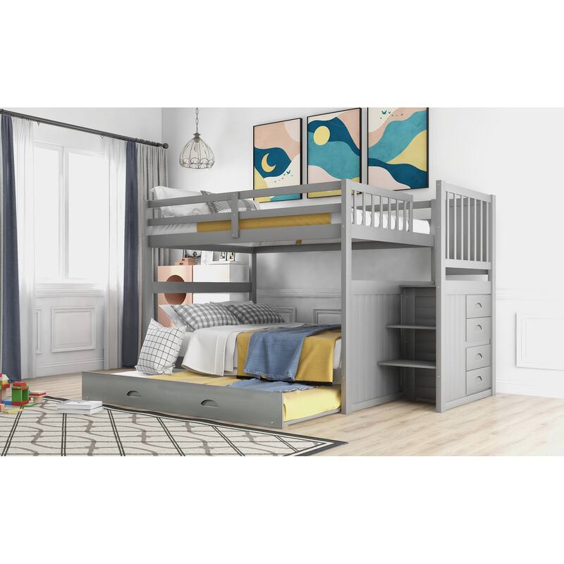 Full Pine Bunk Bed with Trundle and Storage