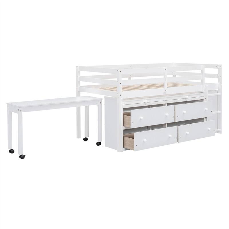 Twin/Full Size Low Loft Bed with Retractable Writing Desk and 4 Drawers, Wooden Loft Bedframe w/ Lateral Portable Desk & Shelves