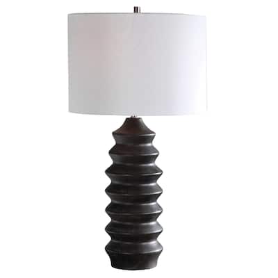 Carved Wood Table Lamp with White Round Hardback Drum Shade - 30" - Black