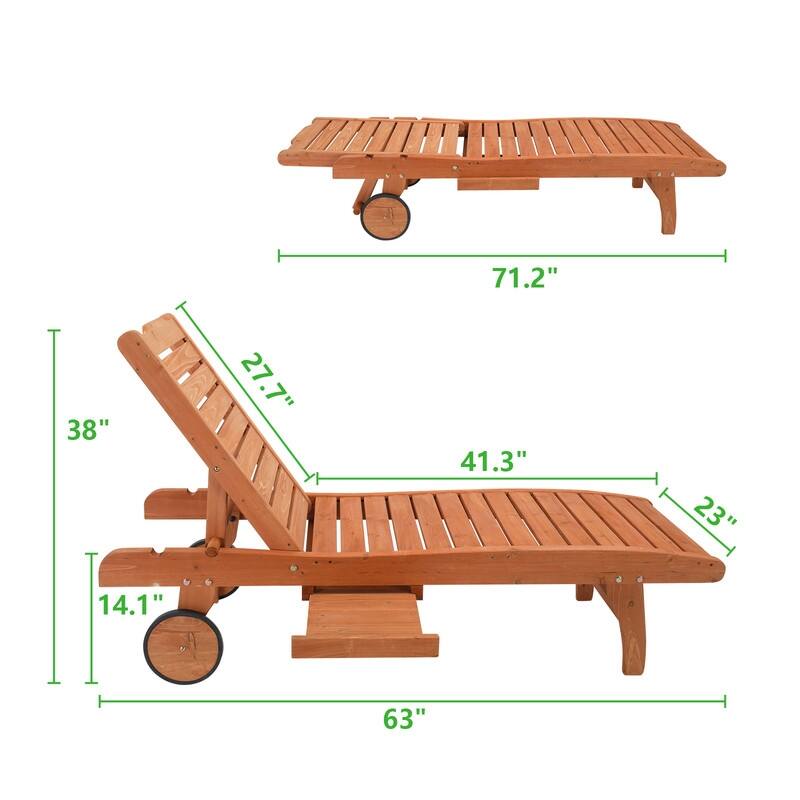 Patio Rolling Wooden Chaise Lounge withe Cup Holder