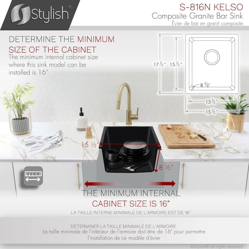 STYLISH 15.5 inches L x 17.5 inches W Dual Mount Single Bowl Composite Granite Kitchen Sink with Strainer - 15.5" x 17.5" x 8.5"