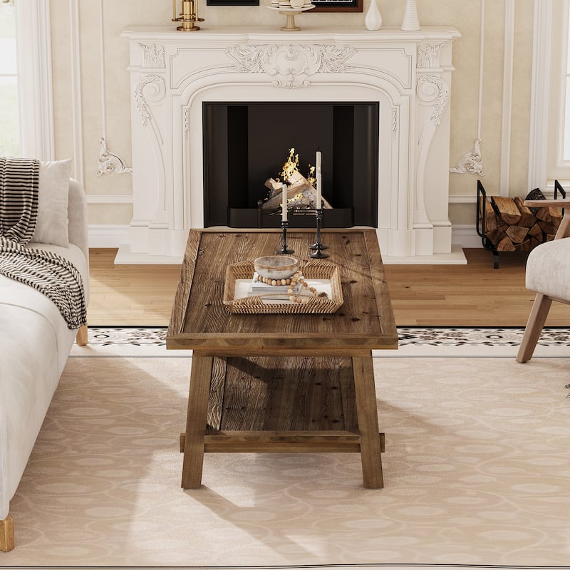 47-inch Rustic Solid Wood Coffee Table with Storage