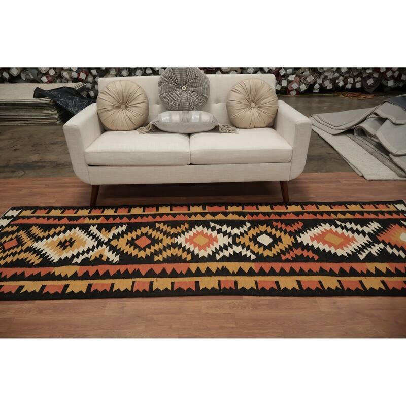 Hand Woven Oriental 100% Wool Carpet Southwestern Tribal Black Kilim Runner Rug - 9' 6'' X 3' 3''