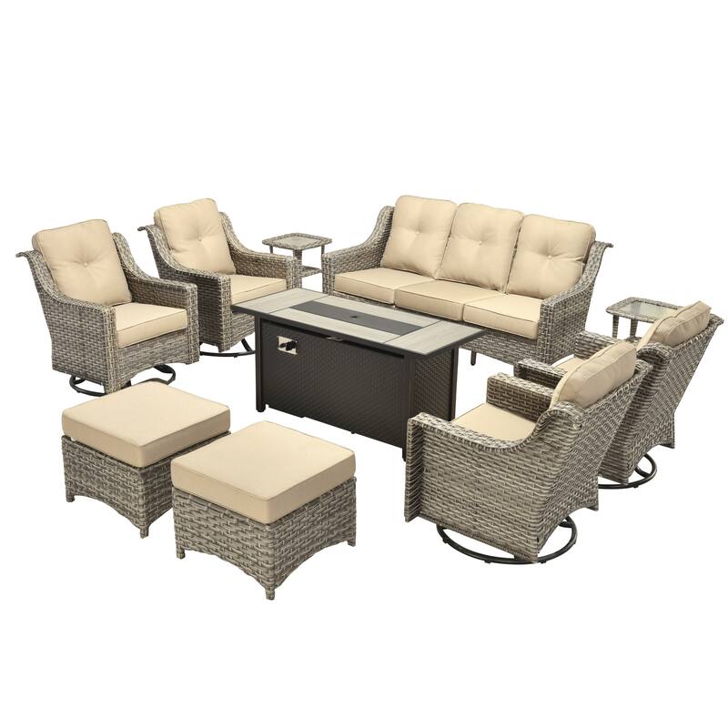 OVIOS 10-piece Patio Wicker Swivel Rocking Chair Set With Fire Pit