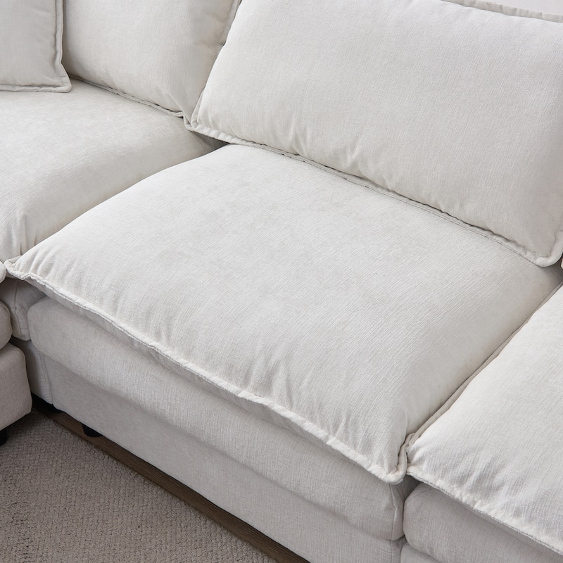 Chenille Upholstered L-shaped Sectional Sofa 3 Seater Modular Couch with Ottoman, Pillows and Double Layer Seat Cushions