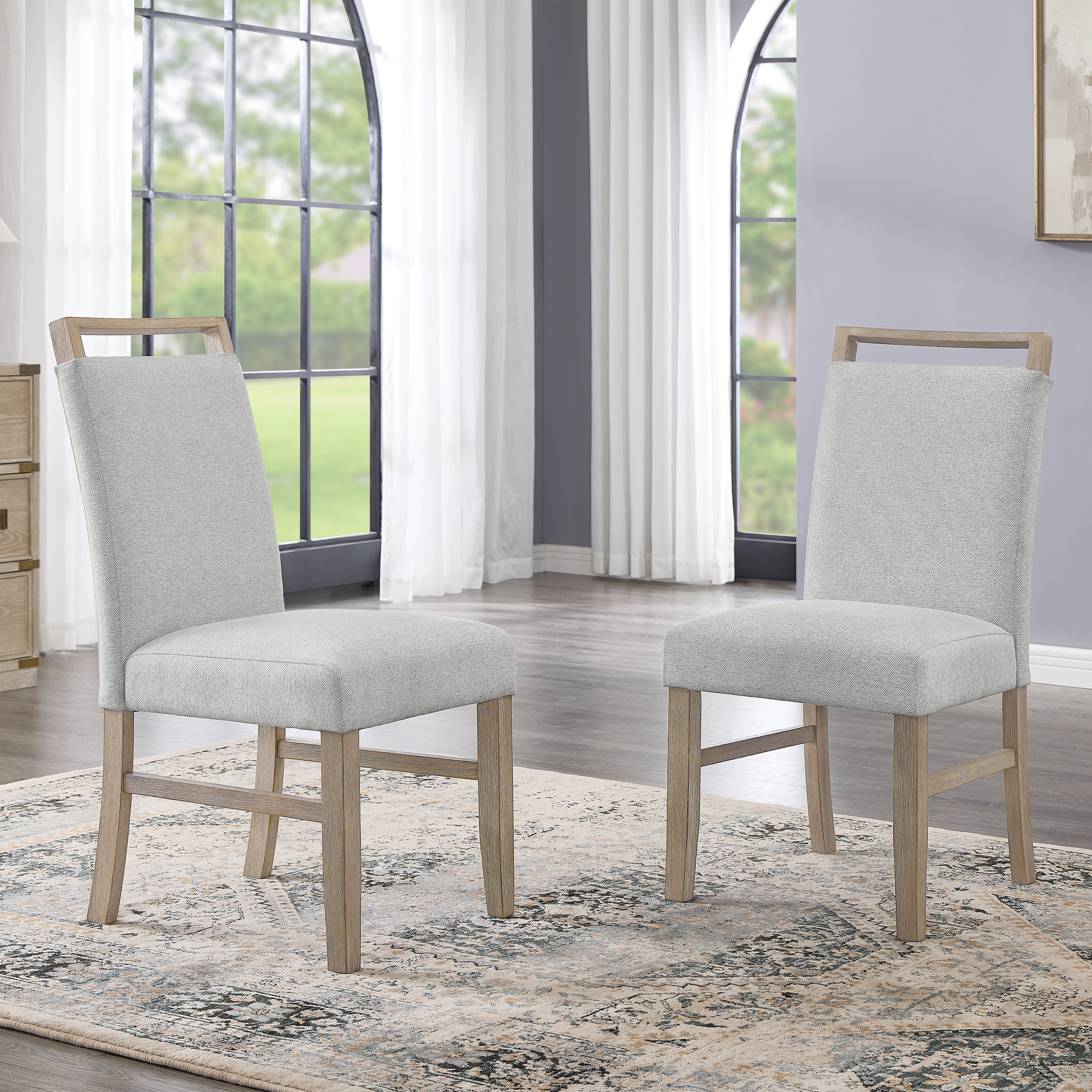 Upholstered Dining Chair, Light Gray Fabric with Rubberwood Legs, Set of 2