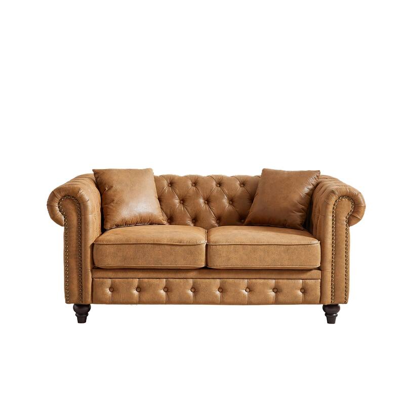 63.5" Contemporary Design Chesterfield Sofa, Brown Fabric, Button Tufted with 2 Pillows