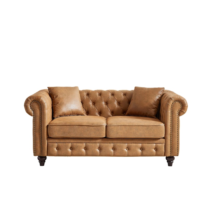 Button-Tufted Chesterfield 63.5" Sofa - Tech Fabric, Wooden Legs, Pillows