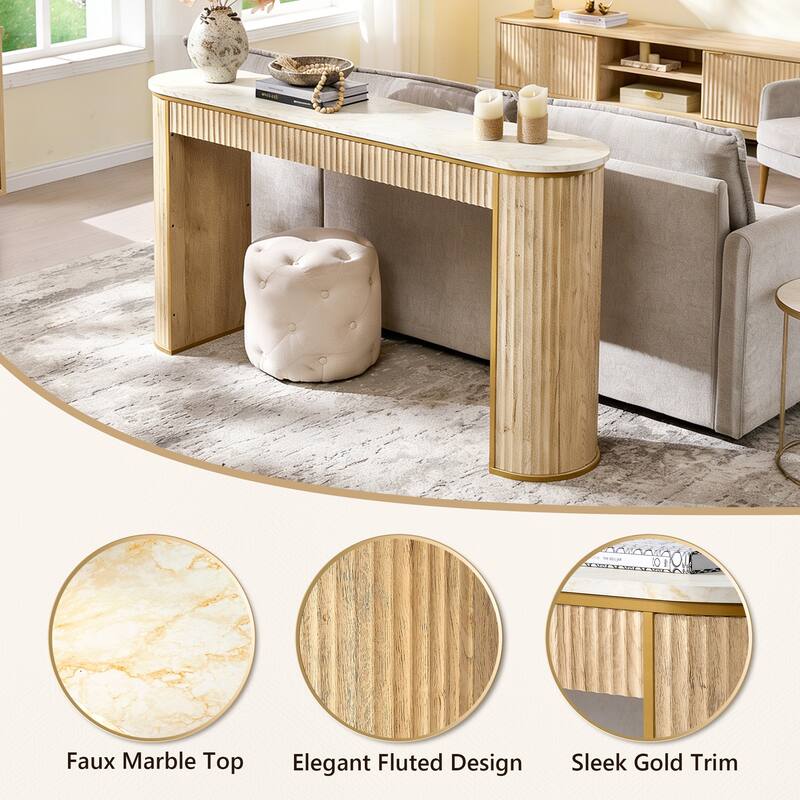 Modern 63" Fluted Console Table, Faux Marble Texture Top, Entry Table
