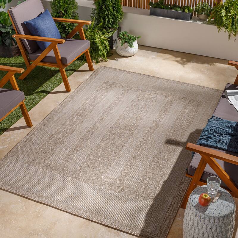 Livabliss Yadgar Subtle Stripes Indoor/ Outdoor Area Rug - 7'10" x 10' - Beige