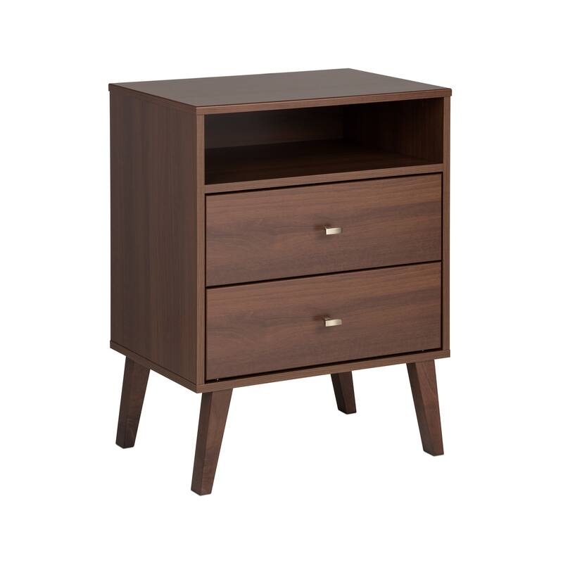 Prepac Milo Mid-Century Modern 2 Drawer Nightstand with Open Shelf, Bedside Table, Contemporary Bedroom Furniture