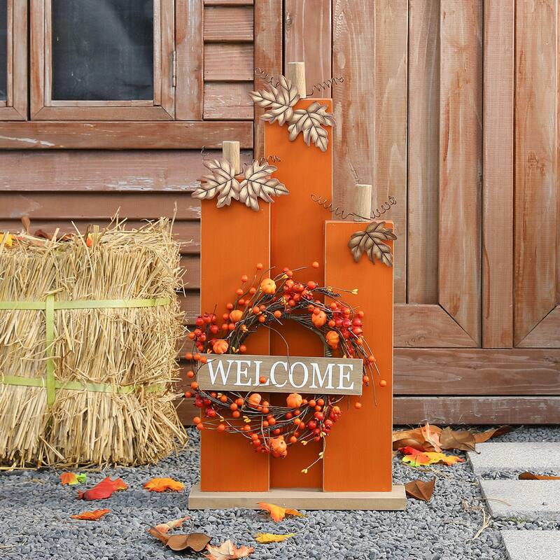 Glitzhome Fall Lighted Wooden Welcome Porch Decor w/Wreath