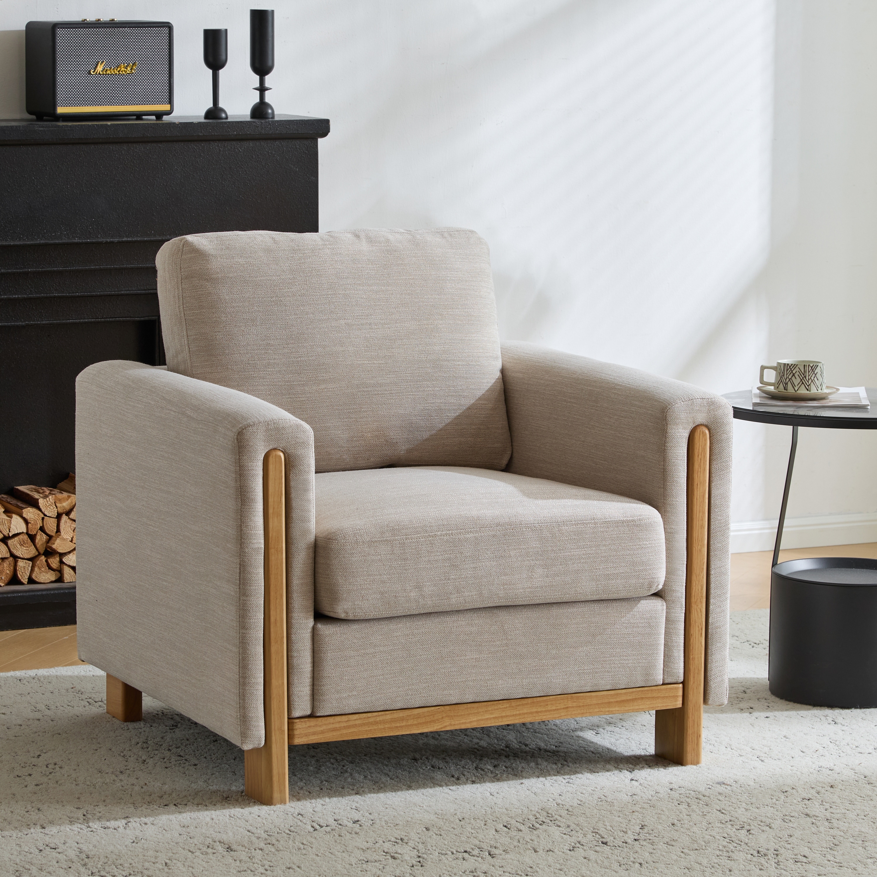 Roomfitters Upholstered Armchair with Wood Frame, Modern Fabric Lounge Accent Chair