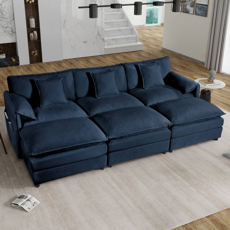 Modular Sleeper Sofa Bed Chenille 3 Seater Sectional Couch with 3 Ottomans, Thickened Seat Cushions and Side Pockets - Blue