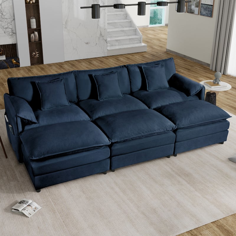 Oversized Deep Seat Modular Sofa Sleeper with Ottomans & Pillows, Blue Chenille - Multi-Color