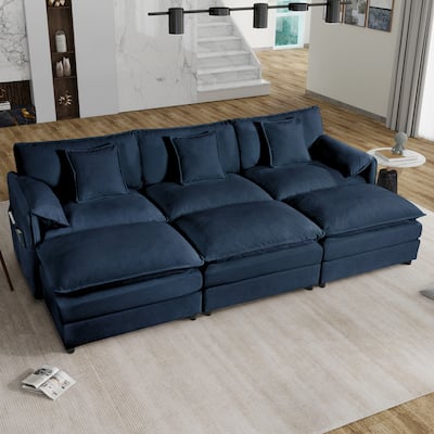 Oversized Deep Seat Modular Sofa Sleeper with Ottomans & Pillows, Blue Chenille