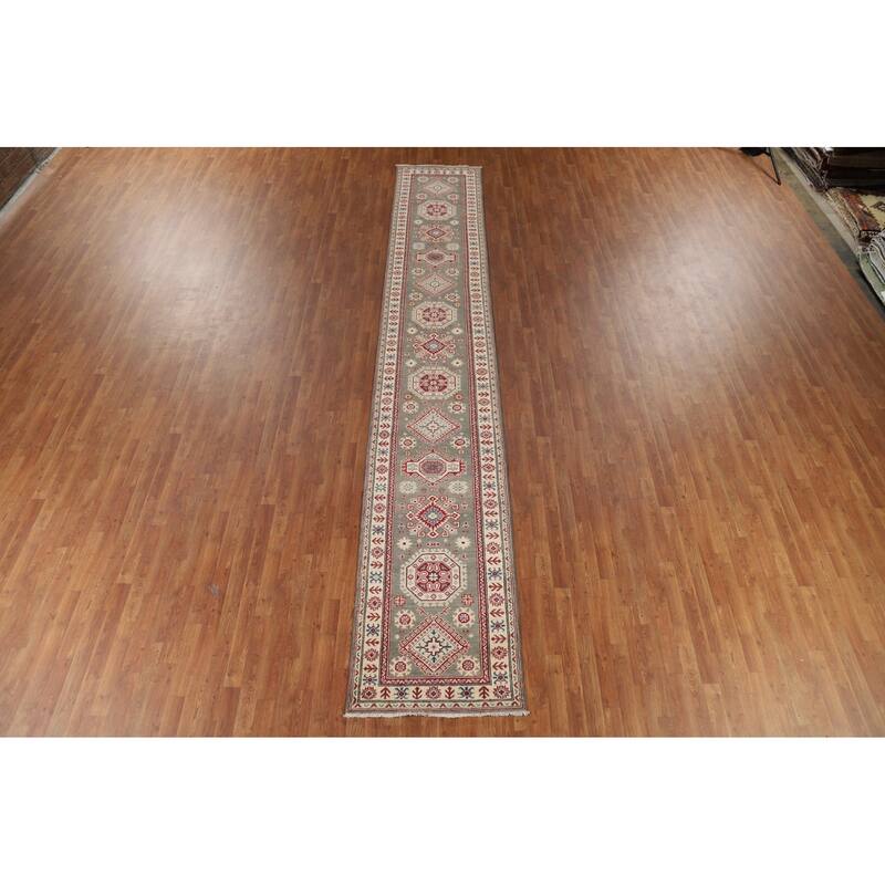Geometric Kazak Runner Rug Handmade Oriental Grey Wool Carpet - 2'7" x 16'3"