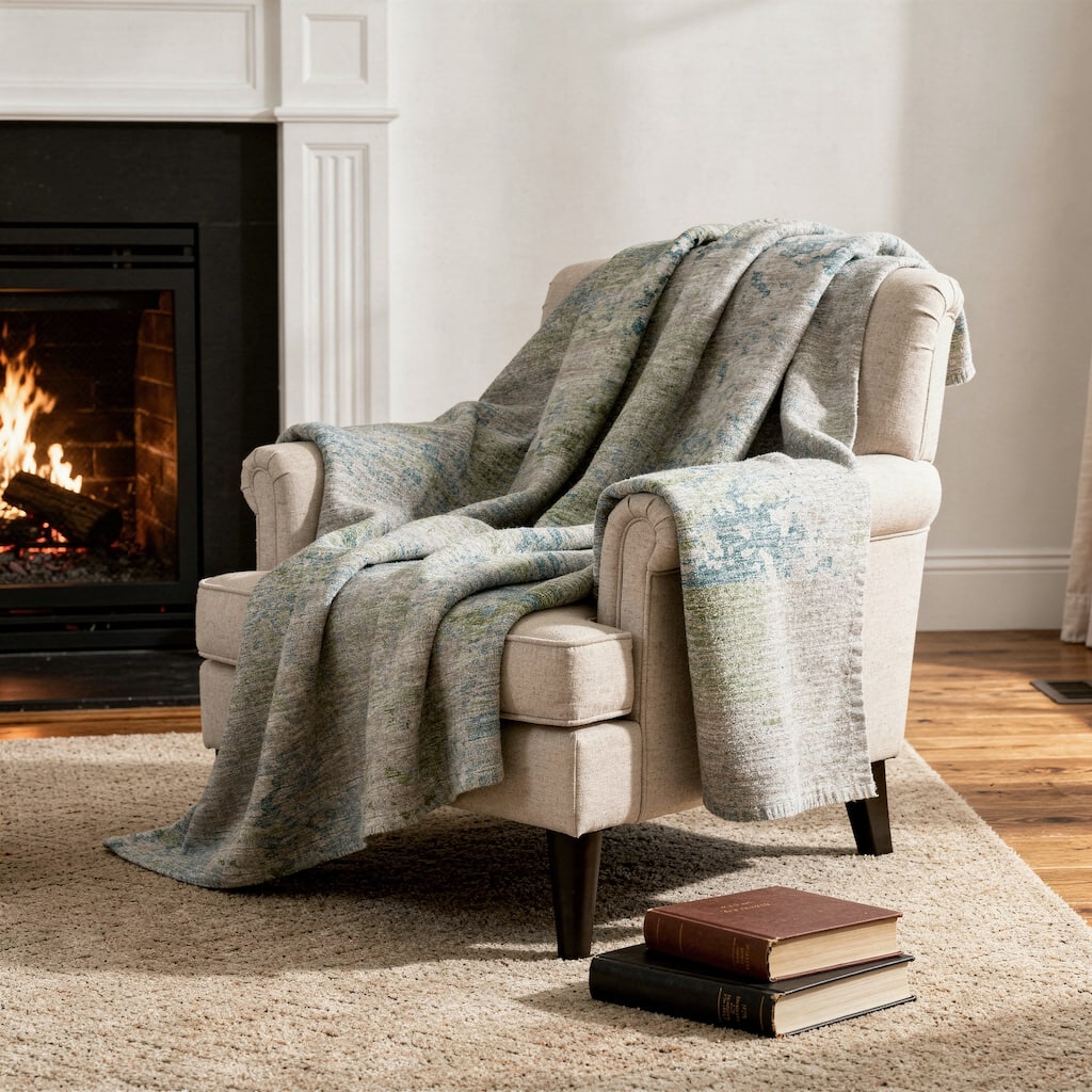 HomeRoots 50" X 70" Green Teal And Beige Abstract Microfiber Plush Throw Blanket